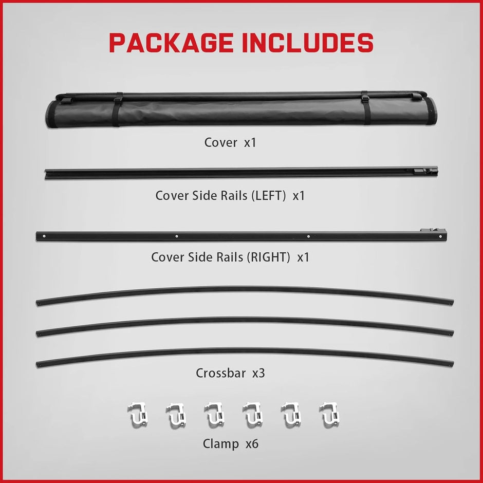 The truck bed cover simple installation, no need to drill or cut, with special installation hardware and detailed instructions. Simply clip the crossbar to the truck bed and roll it up freely after installing the bedspread.