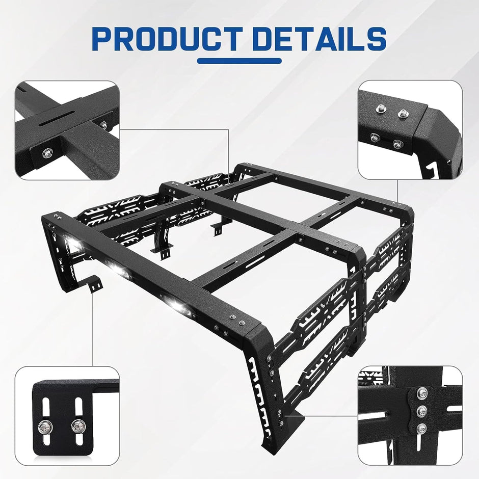 Featuring a stylish patterned design on the side, it can be used to add accessories and decorate your truck. Hi-lift, fire extinguishers, quick punches, rooftop tents, bike racks, and anything in between. It comes with three led light bars for provide illumination during nighttime driving. And it provides warning lighting to avoid vehicle collision and ensure driving safety.