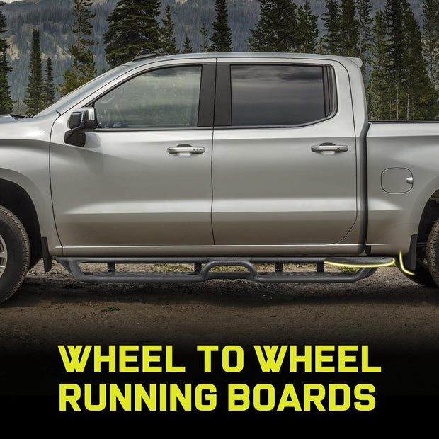 The extended length extends from the rear of the front wheel through the truck cab to the front of the rear wheel, giving you an all-round boost from the different functional and positional layouts of the side steps. The Gladiator running board fits close to the body curves, making the body better protected from collisions.