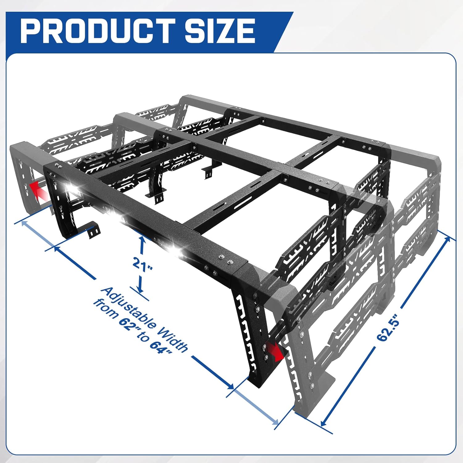The height of the bed frame from the truck bed rails to the top of the frame is 21 inches. Length is 62.5 inches and width is 62 to 64 inches.