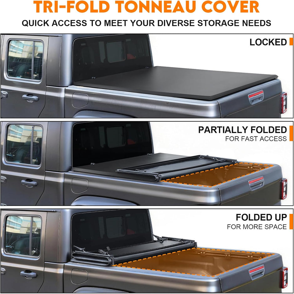 Binary Star Soft Tri-Fold Truck Bed Tonneau Cover Compatible with 2020-2026 Jeep Gladiator JT 5ft Bed (w or w/o Track Rail System), 26.5oz Heavy-Duty Vinyl, Weather Resistant Bed Cover for Pickup Truck