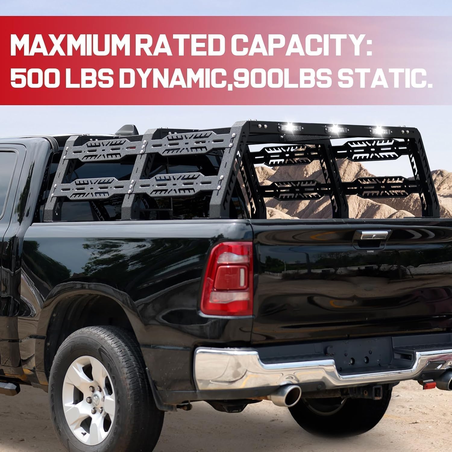 The bed rack is constructed of 3mm thick carbon steel to maximize weight capacity, with a static weight capacity of 900 lbs and a dynamic weight capacity of 500 lbs.