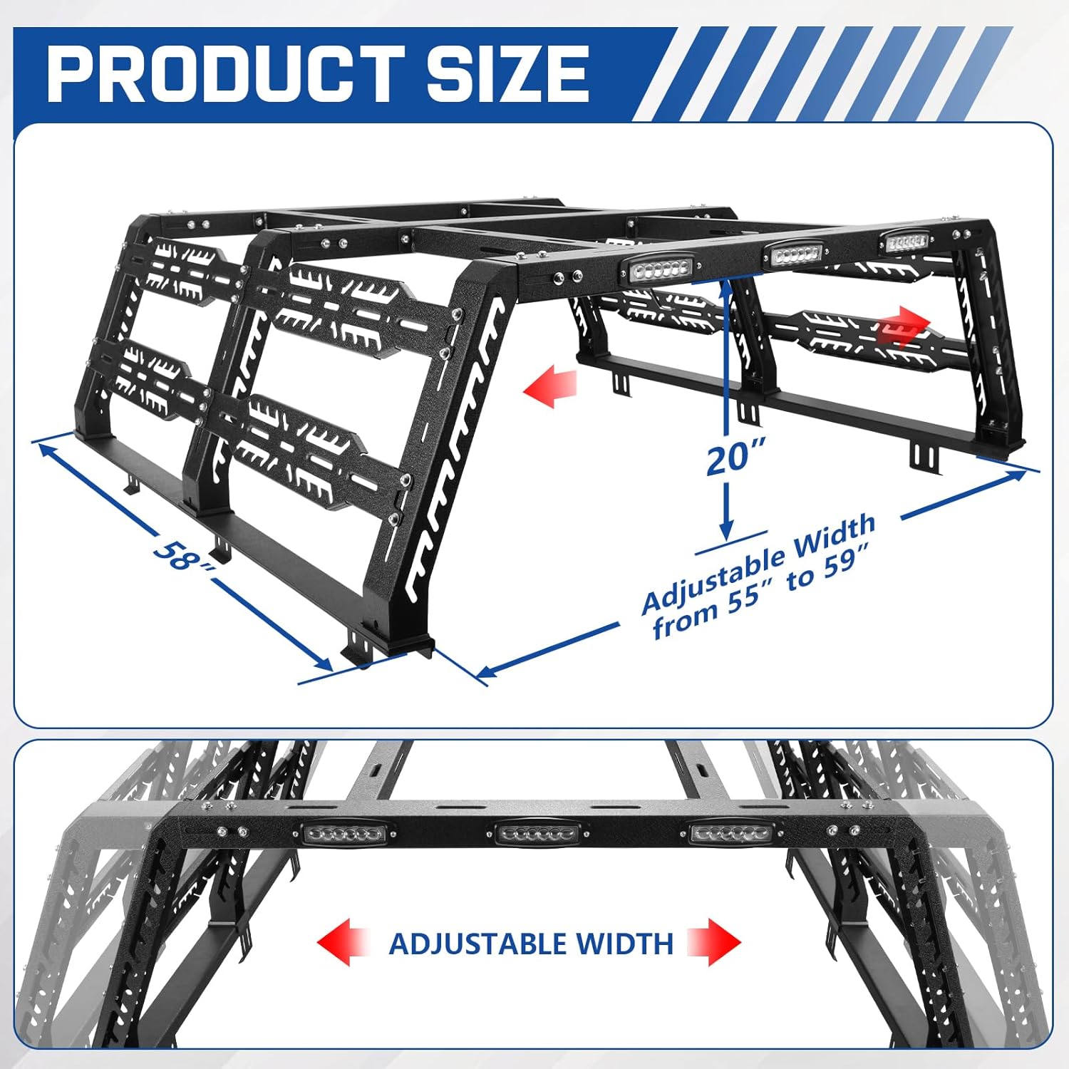The height of the bed frame from the truck bed rails to the top of the frame is 20 inches. Length is 58 inches and width is 55 to 59 inches.