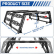 The height of the bed frame from the truck bed rails to the top of the frame is 22 1/2 inches. length is 64 inches and width is 61 to 65 inches.
