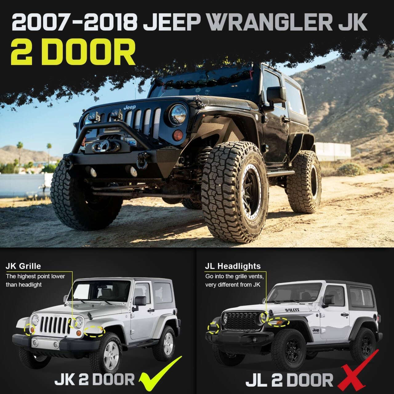 Truck running boards compatible with 2007-2018 Jeep Wrangler JK 2 door. Not compatible with Wrangler JL.