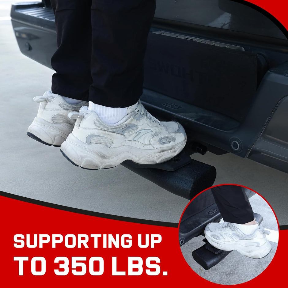 Receiver hitch step constructed from heavy-duty carbon steel, capable of supporting up to 350 lbs.