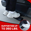 Receiver hitch step constructed from heavy-duty carbon steel, capable of supporting up to 350 lbs.