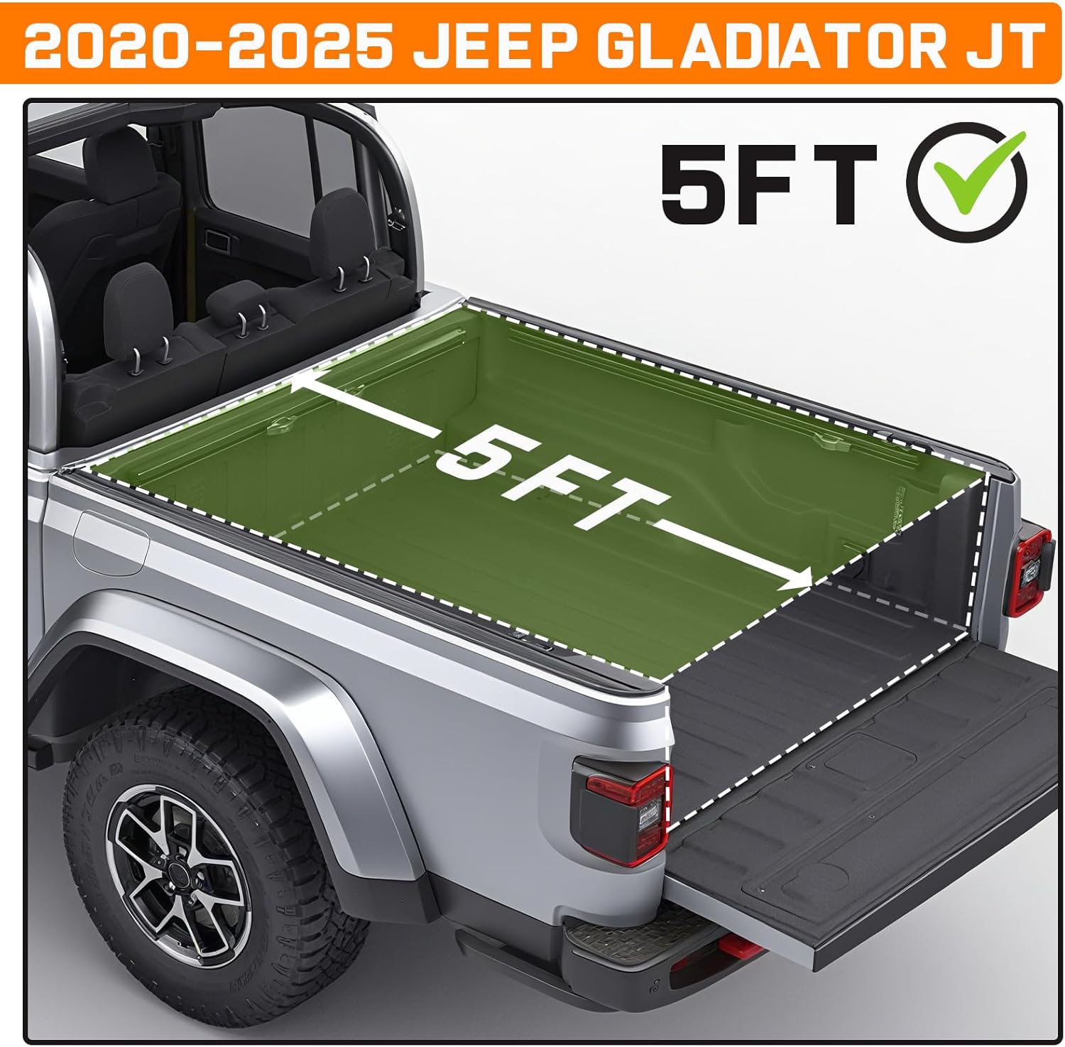 Binary Star  Soft Roll-up truck bed tonneau cover is compatible with 5ft bed of 2020-2025 Jeep Gladiator JT with or without Track Rail System.