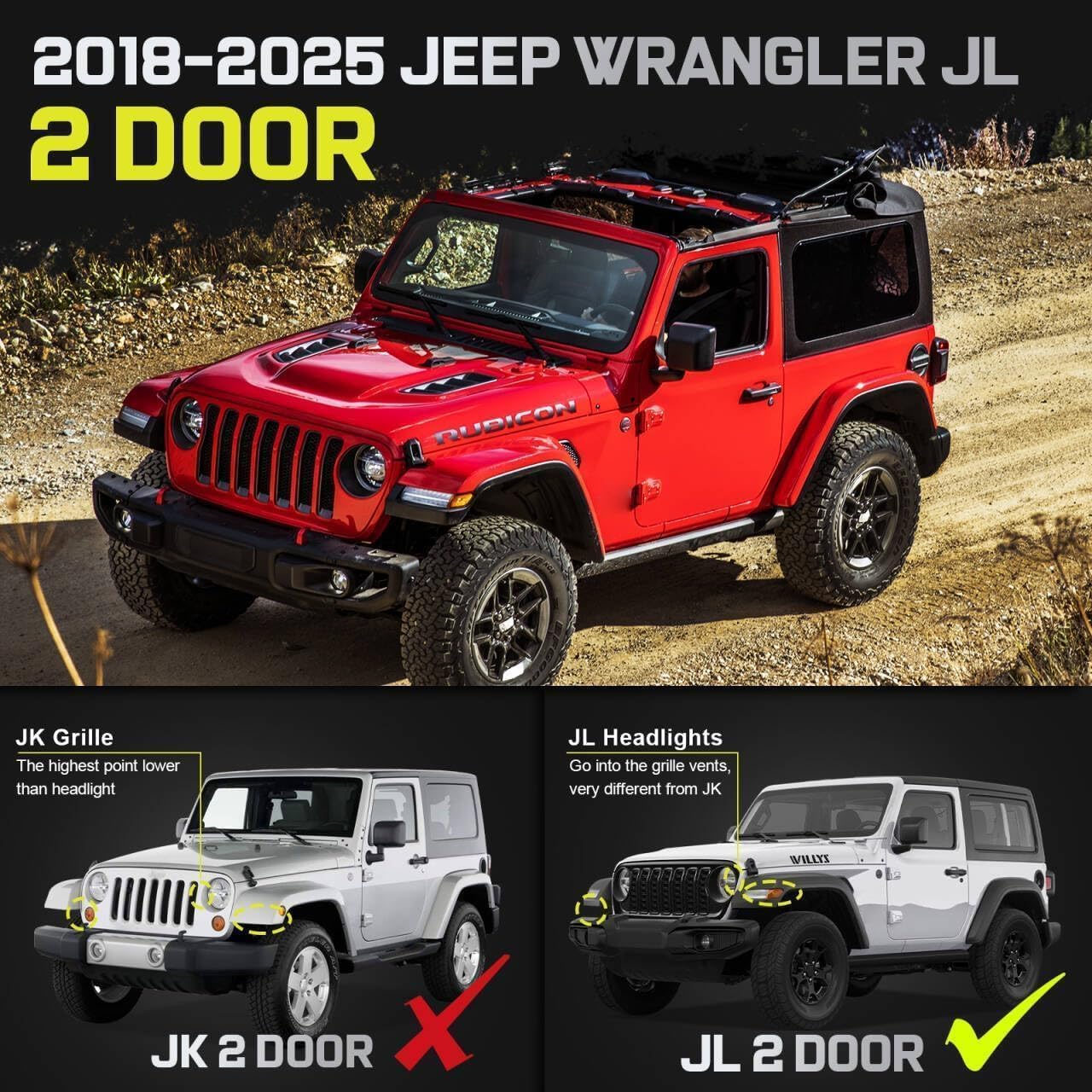 Truck running boards compatible with Jeep Wrangler JL 2018-2025 2 Doors. It does not for Wrangler JK.