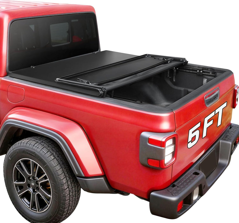 Binary Star Soft Tri-Fold Truck Bed Tonneau Cover Compatible with 2020-2026 Jeep Gladiator JT 5ft Bed (w or w/o Track Rail System), 26.5oz Heavy-Duty Vinyl, Weather Resistant Bed Cover for Pickup Truck