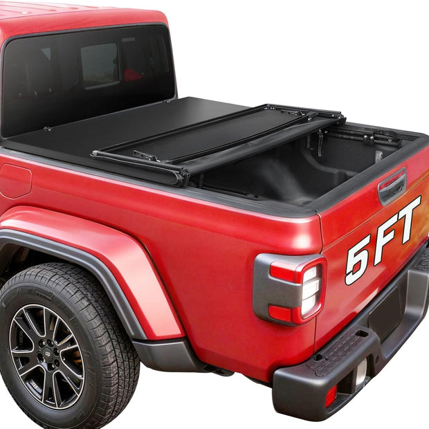Binary Star Soft Tri-Fold Truck Bed Tonneau Cover Compatible with 2020-2026 Jeep Gladiator JT 5ft Bed (w or w/o Track Rail System), 26.5oz Heavy-Duty Vinyl, Weather Resistant Bed Cover for Pickup Truck
