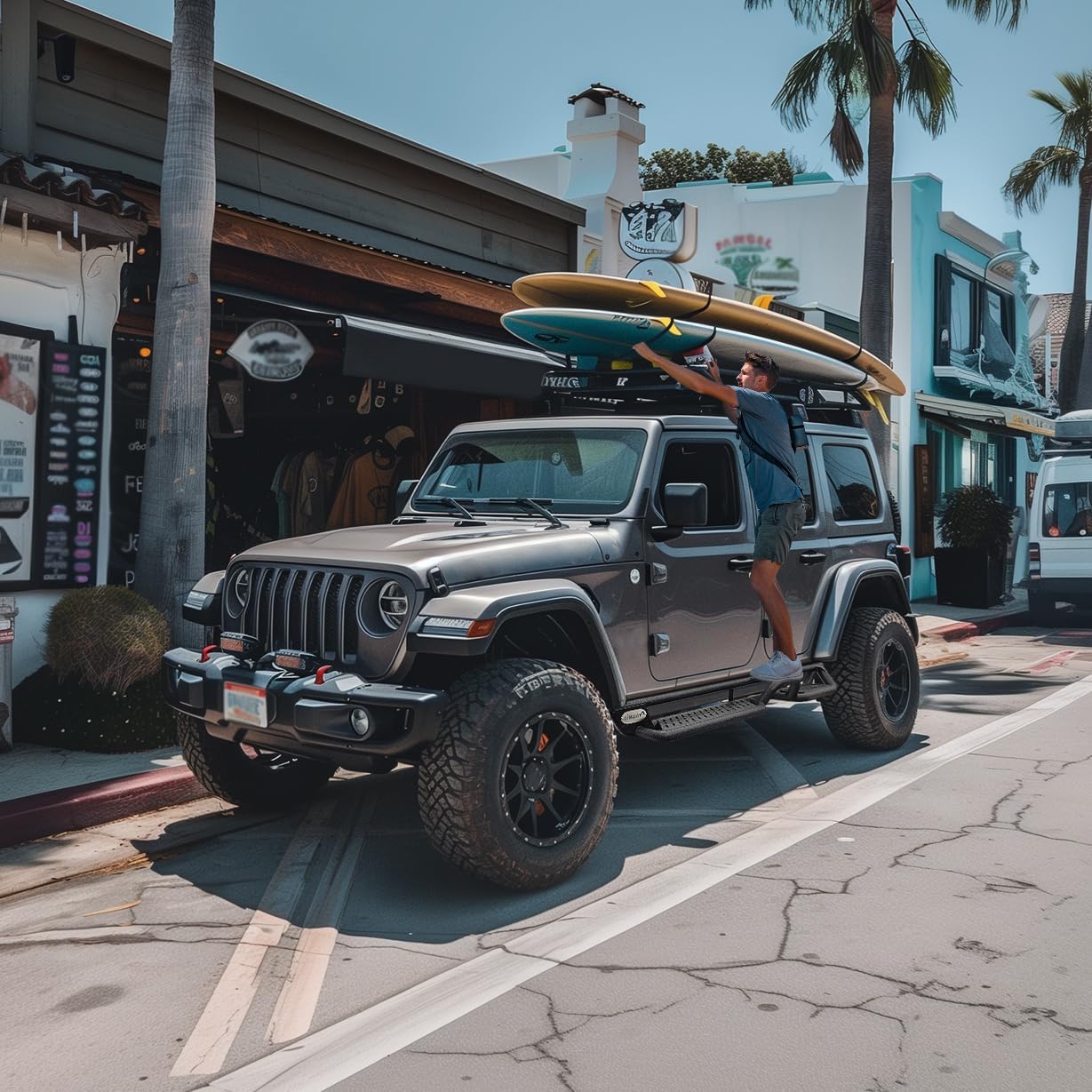 Binary Star's innovative Three-Step Design featuring a higher step in the middle of the running borad for easy access to items on the roof.