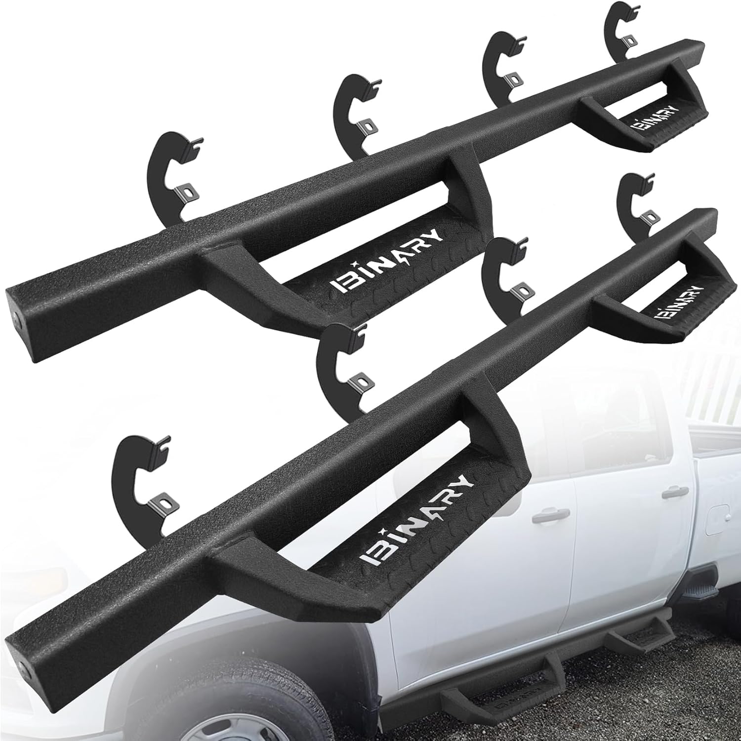 BINARY STAR Running Boards Compatible with 2019-2025 Chevy Silverado/GMC Sierra 1500 Crew Cab, 20-25 Silverado/Sierra 2500HD 3500HD. 4.3 Inches Drop Down Silverado Side Steps Nerf Bar Carbon Steel.