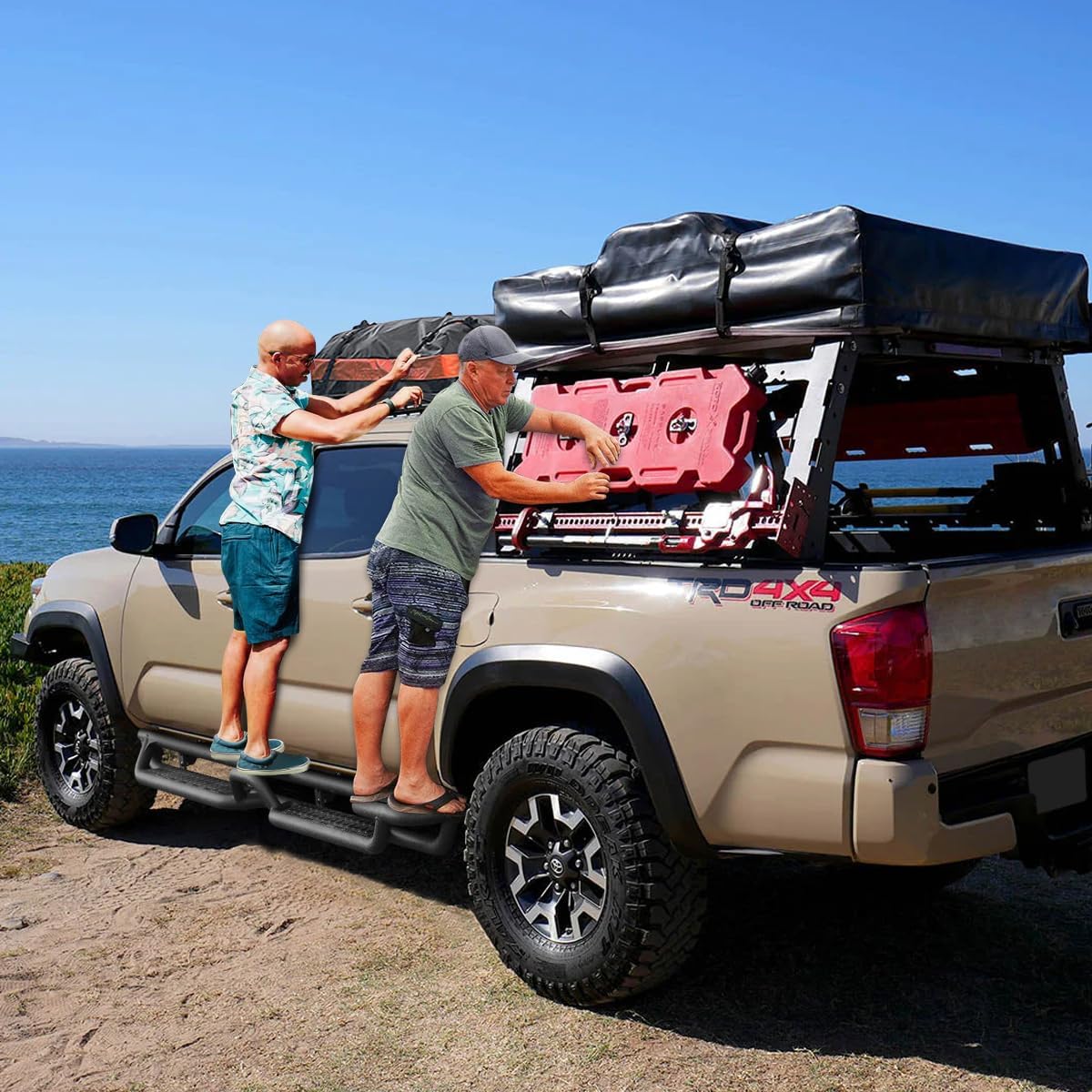Running boards are made of heavy-duty carbon steel. The 3-tube design brings the step bar closer to the truck body. The main support tube is a thickened construction design with a diameter of 2 inches. A special triangular welding process is used to increase strength and durability.
