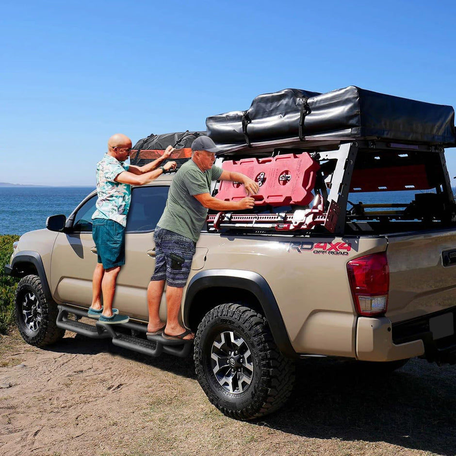 Running boards for Colorado are made of heavy-duty carbon steel. The 3-tube design brings the step bar closer to the truck body. The main support tube is a thickened construction design with a diameter of 2 inches. A special triangular welding process is used to increase strength and durability.