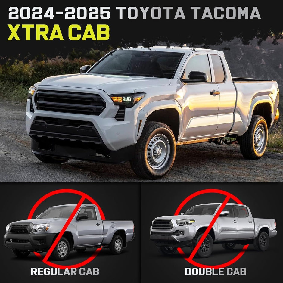 Truck running boards compatible with 2024-2025 Toyota Tacoma xtra cab/ access cab with 2 full-size front doors and 2 narrower rear doors. It does not for double cab with 4 full-size doors or regular cab with 2 full-size doors. Please confirm the cab picture before purchasing.