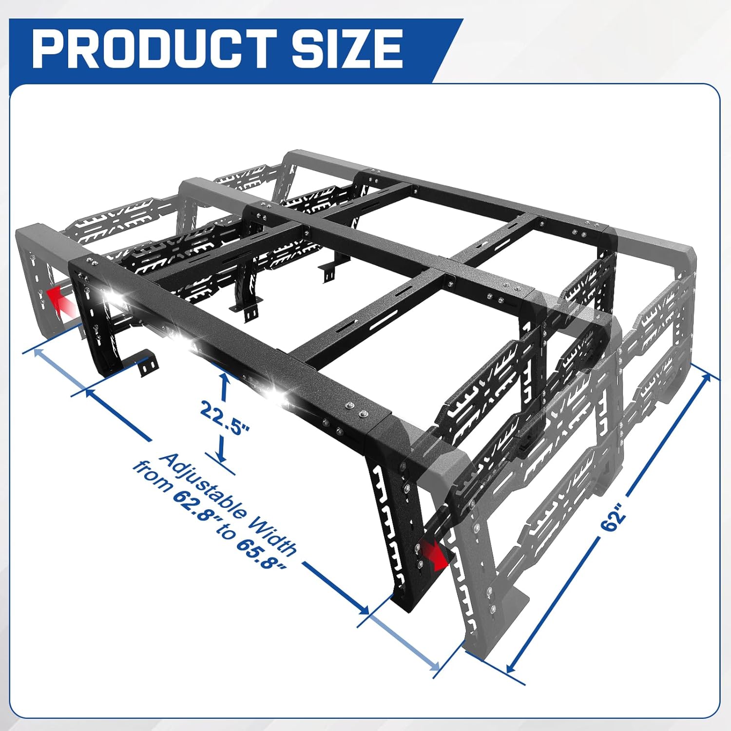 The height of the bed frame from the truck bed rails to the top of the frame is 22.5 inches. Length is 62 inches and width is 62.8 to 65.8 inches.