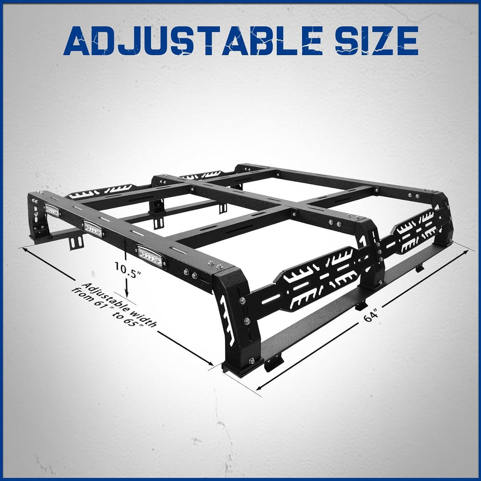 The height of the truck bed rack from the truck bed rails to the top of the frame is 10 1/2 inches. Length is 64 inches and width is 61 to 65 inches.