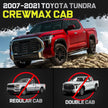 Truck running boards compatible with 2007-2021 Toyota Tundra CrewMax Cab with 4 full-size doors. It does not for Double Cab with 2 half-size rear doors.