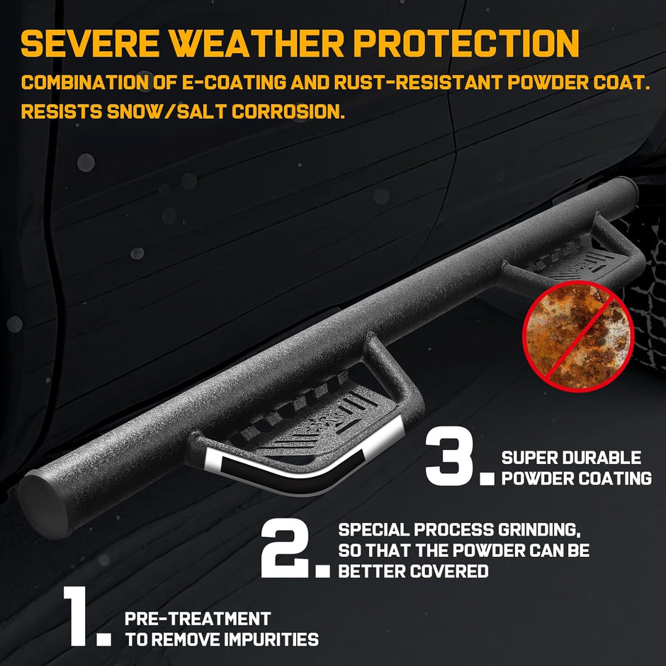 The side step is made of heavy-duty carbon steel and provides better load-bearing properties for up to 350 LBS. The welding of the small step to the main tube adopts multi-point welding, which makes the force on the welding area more uniform and improves the overall firmness and durability.