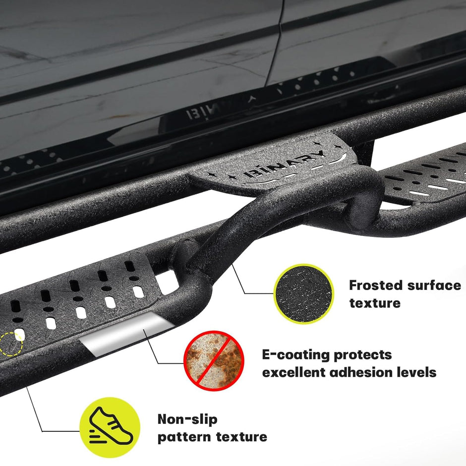 An uniform-coverage e-coating process improves the overall corrosion resistance of our step bars, while providing excellent adhesion to prevent coating shedding and increase longevity. An additional layer of Unique Black Rust-Resistant Powder Coat and hollow drainage logo holes are added to reduce damage from rain, snow and other harsh environments.