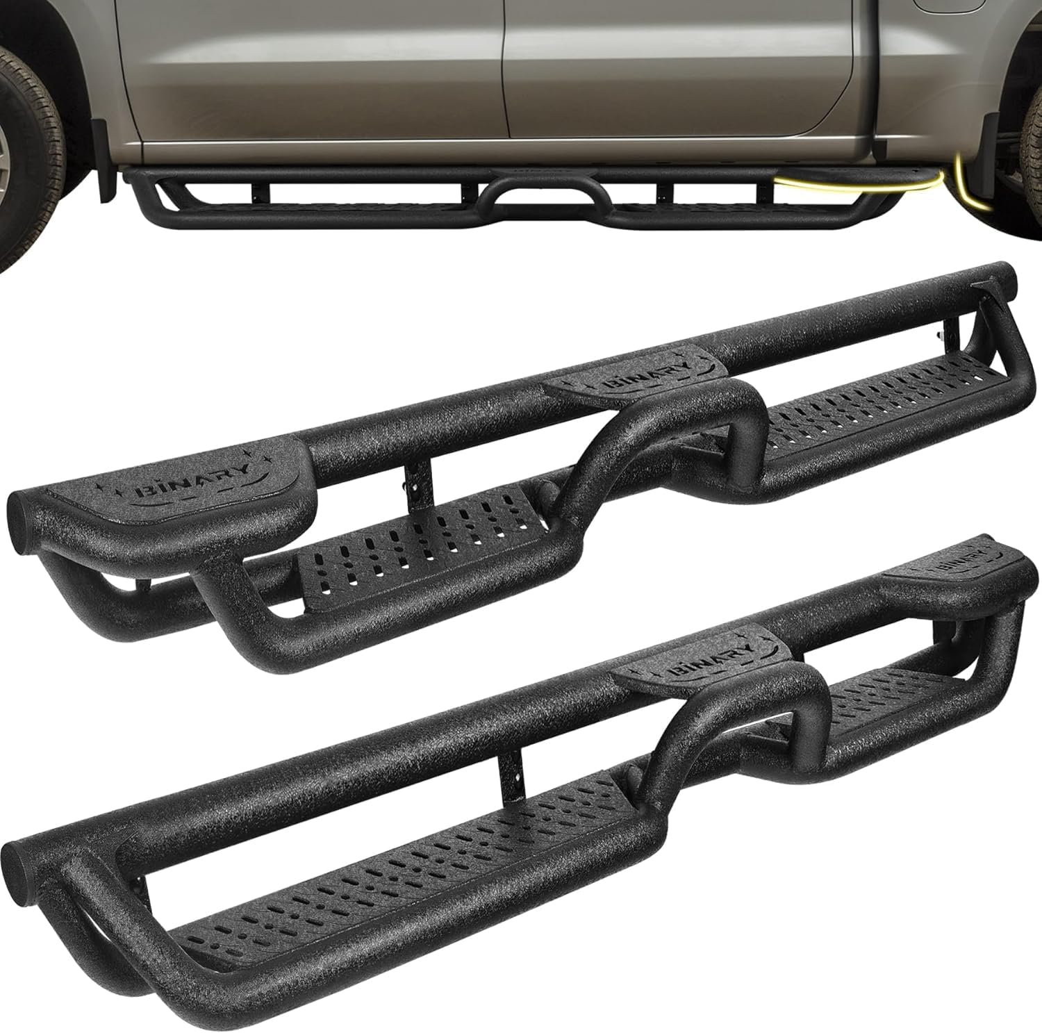 BINARY STAR Wheel to Wheel Running Boards Compatible with Vehicle 2009-2018 Dodge Ram 1500 Crew Cab, 2010-2025 Ram 2500 3500(Incl. Classic). Side Steps with Bed Access Step and Center Step.