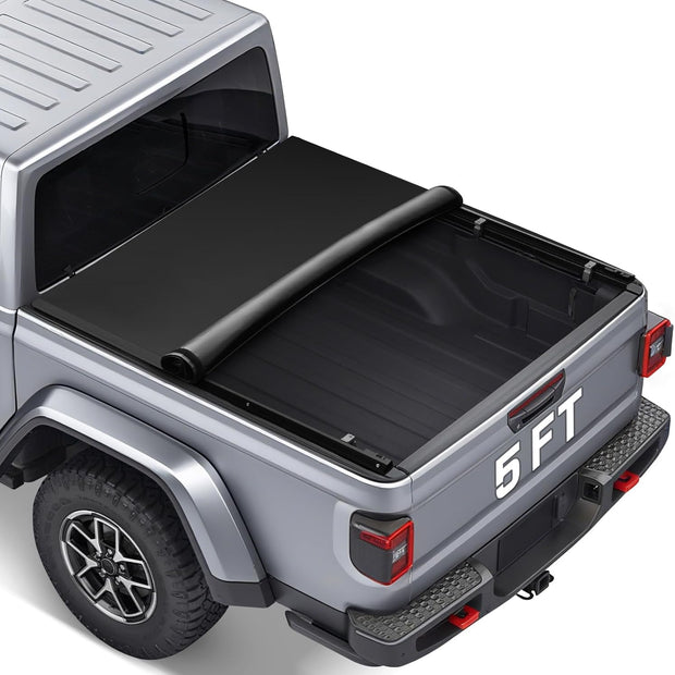 Binary Star Soft Roll-up Truck Bed Tonneau Cover Compatible with 2020-2025 Jeep Gladiator JT (w or w/o Track Rail System) 5ft Bed Length Black Truck Bed Cover, 26.5oz Soft Vinyl Truck Cover.