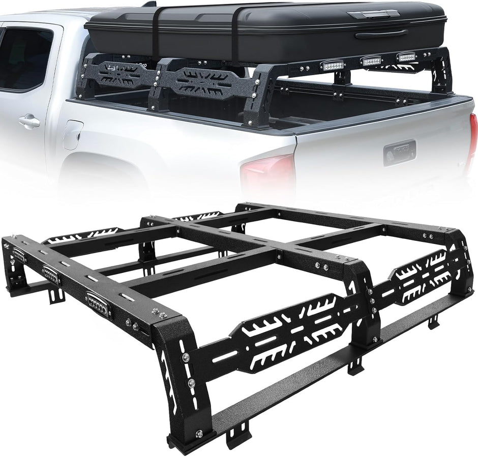 Overland Bed Rack for Full Size Truck 10.5" Bed Rack with 3 LED Lights Compatible with Ford/Dodge Ram/Toyota Tundra/Nissan Titan/Silverado(6.5FT) Without Tonneau Cover. Multifunction Bed Racks.