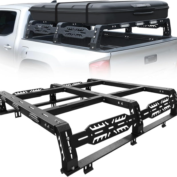 Overland Bed Rack for Full Size Truck 10.5" Bed Rack with 3 LED Lights Compatible with Ford/Dodge Ram/Toyota Tundra/Nissan Titan/Silverado(6.5FT) Without Tonneau Cover. Multifunction Bed Racks.