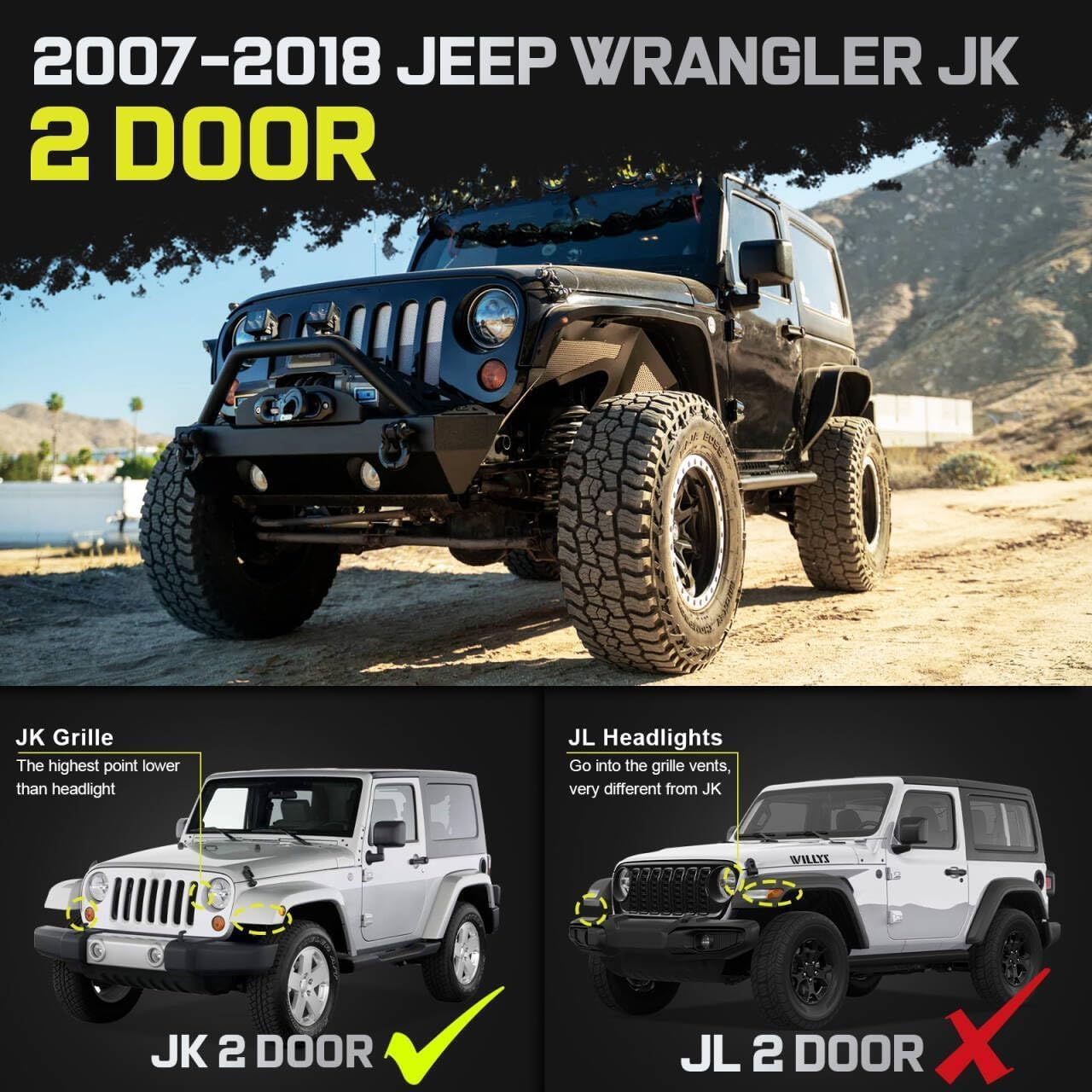 FITMENT: Truck running boards compatible with 2007-2018 Jeep Wrangler JK 2 Door. Not compatible with Wrangler JL.