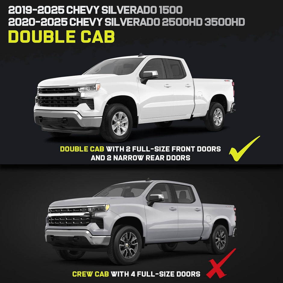 Truck running boards compatible with 2019-2025 chevy silverado/gmc sierra 1500 double cab, 2020-2025 silverado/gmc sierra 2500hd 3500hd double cab wtih 2 narrow rear doors. Not compatible with crew cab with 4 full-size doors. Does not fit 2019 silverado/sierra 1500 ld/litimted. Does not fit diesel model.