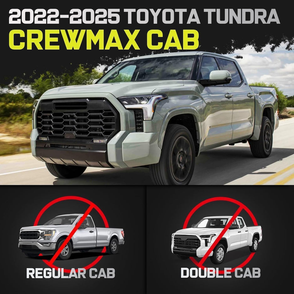 Truck running boards compatible with 2022-2025 Toyota Tundra crewmax cab with 4 full-size doors. It does not fit double cab with 2 narrow rear doors.