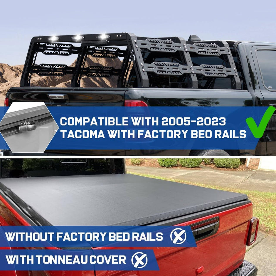 Truck bed rack compatible with 2005-2023 Toyota Tacoma, for trucks with factory bed rails. (This bed rack will not work with a tonneau cover)