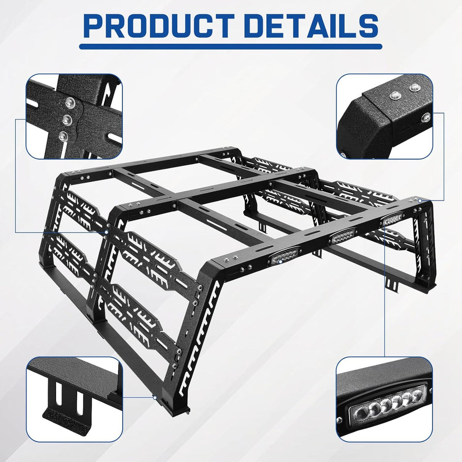 Featuring a stylish patterned design on the side, it can be used to add accessories and decorate your truck. Hi-lift, fire extinguishers, quick punches, rooftop tents, bike racks, and anything in between. It comes with three LED light bars for provide illumination during nighttime driving. And it provides warning lighting to avoid vehicle collision and ensure driving safety.