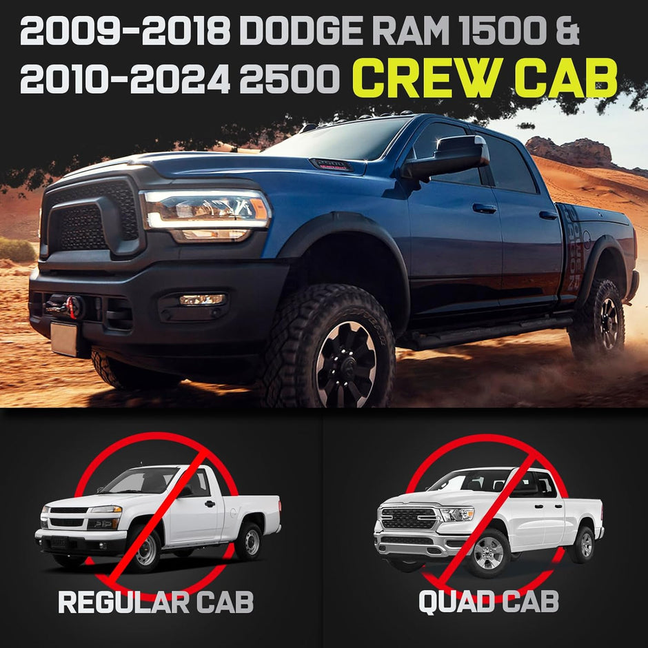 Truck Running Boards Compatible with 2009-2018 Ram 1500 Crew Cab, 2010-2025 Ram 2500 3500 Crew Cab(Incl. 2019-2024 Ram 1500 Classic). It Does Not fit Quad Cab with 2 Narrow Rear Doors or 2019+ Ram 1500 New Body Style.
