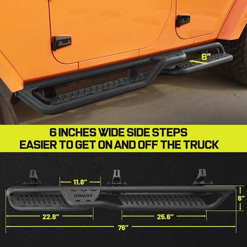 Binary Star's innovative Three-Step Design featuring a higher step in the middle of the running borad for easy access to items on the roof. Two 6
