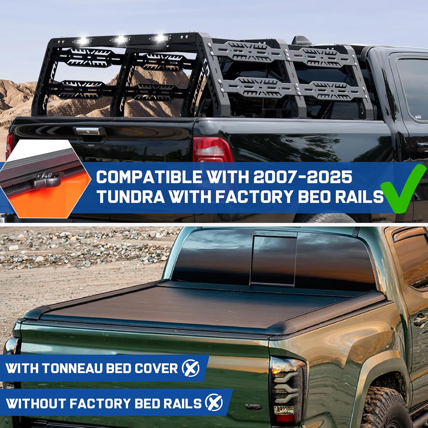 Truck bed rack compatible with 2007-2025 Toyota Tundra Trucks with Bed Rails. (This bed rack will not work with a tonneau cover)