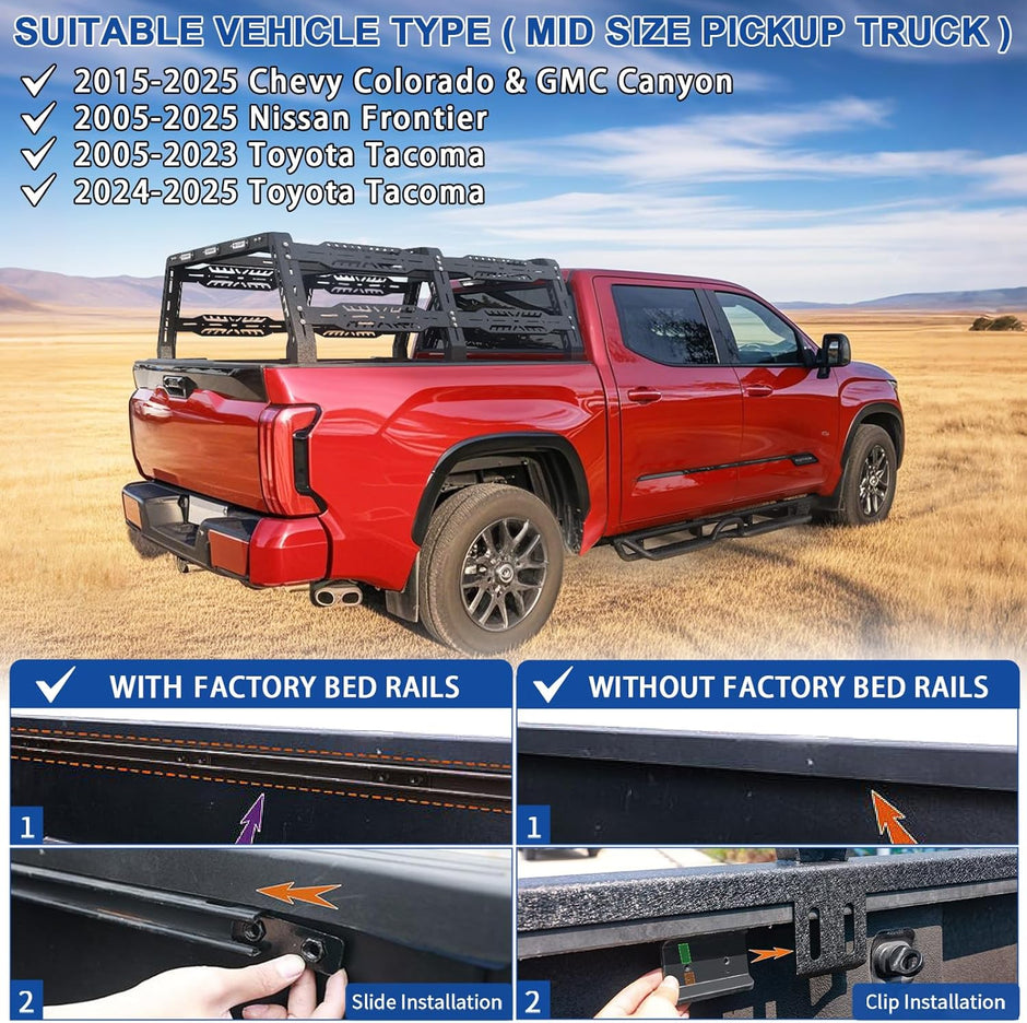Truck bed rack compatible with 2004-2025 Ford F-150/2009-2025 Dodge Ram/2004-2025 Nissan Titan/2016-2025 NissanTitan Xd/2014-2025 Silverado 1500/Sierra 1500£¨Only 6.5FT£©/2007-2024 Toyota Tundra, for trucks (This bed rack will not work with a tonneau cover)