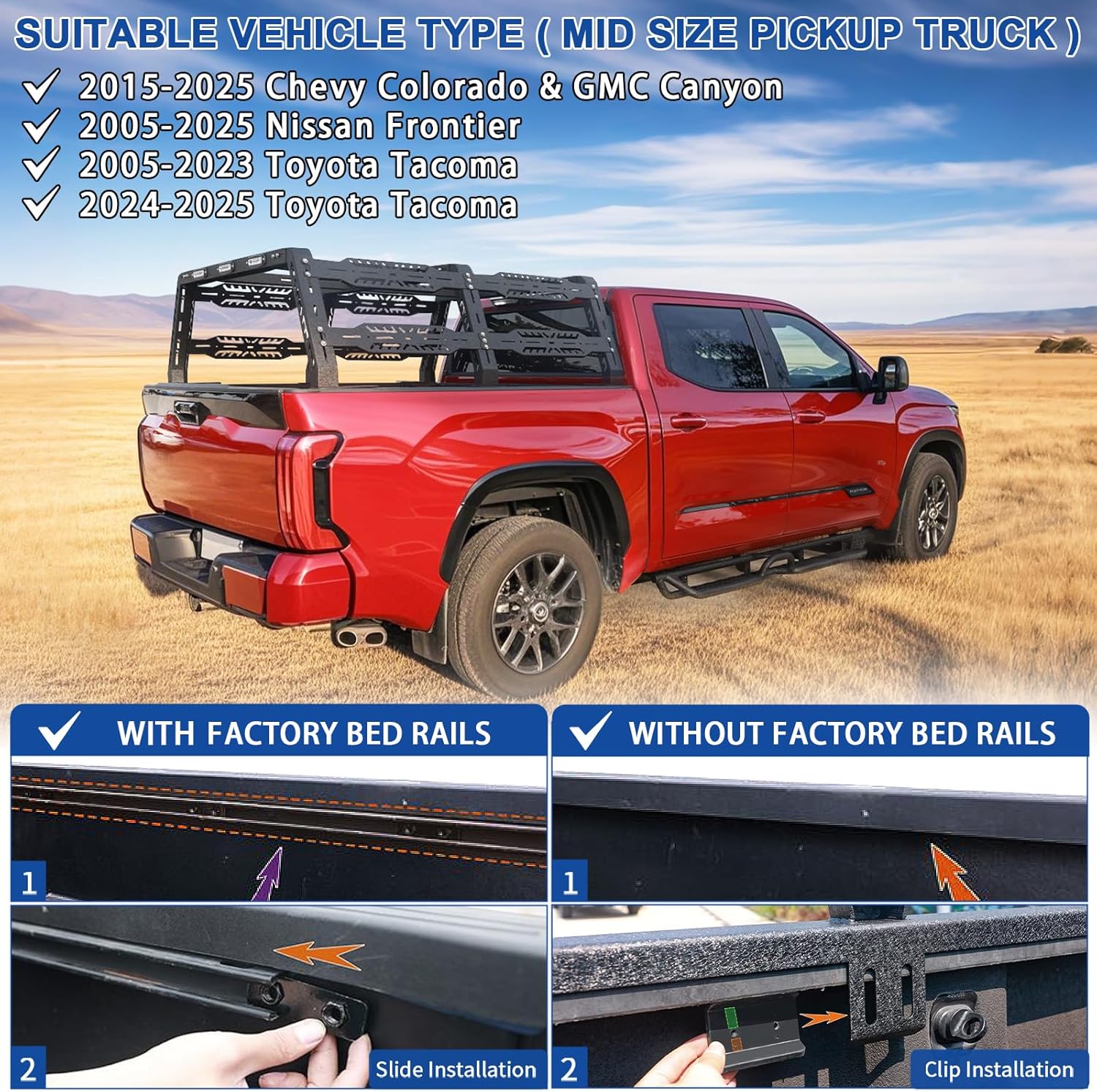 Truck bed rack compatible with 2004-2025 Ford F-150/2009-2025 Dodge Ram/2004-2025 Nissan Titan/2016-2025 NissanTitan Xd/2014-2025 Silverado 1500/Sierra 1500£¨Only 6.5FT£©/2007-2024 Toyota Tundra, for trucks (This bed rack will not work with a tonneau cover)