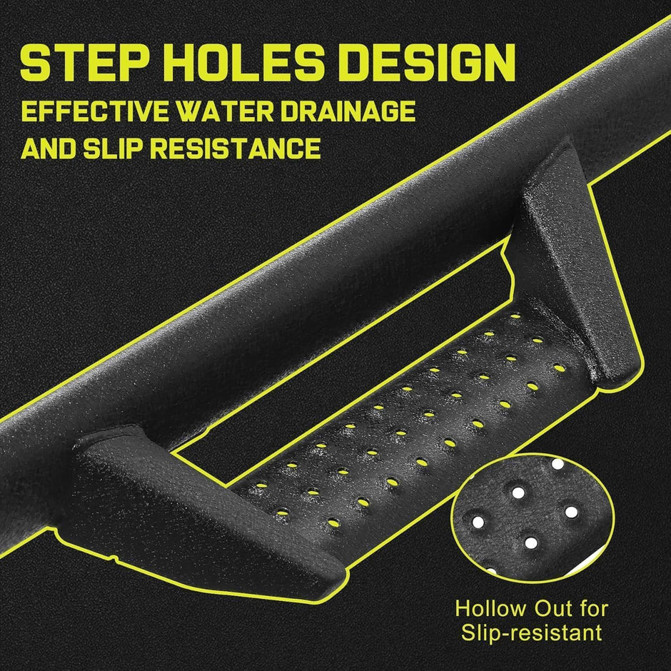 The BINARY STAR Wrangler JK running boards have the same curved design as the OEM rock guards to ensure a snug fit without gaps, while most sides teps on the market are straight-bar designed that often leave gaps at the rear.