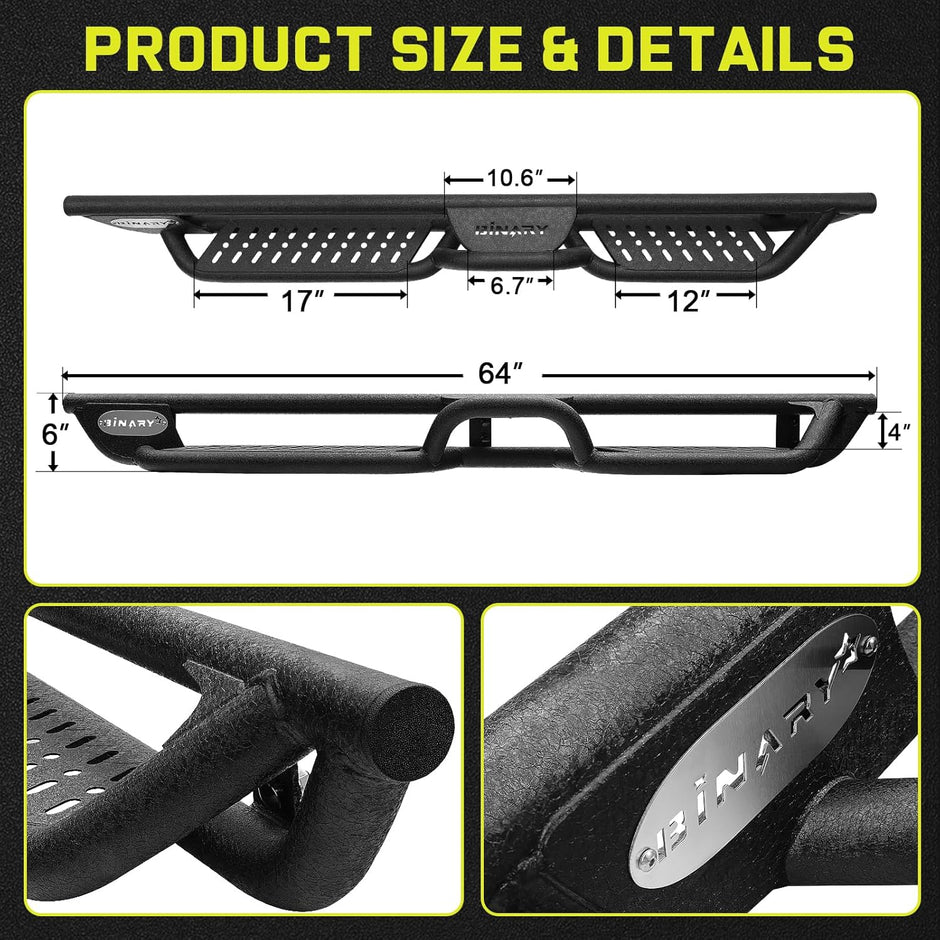 The total length of the footrest is 64 inches, and the width is 6 inches.The small footrest in the middle is 6 inches wide.