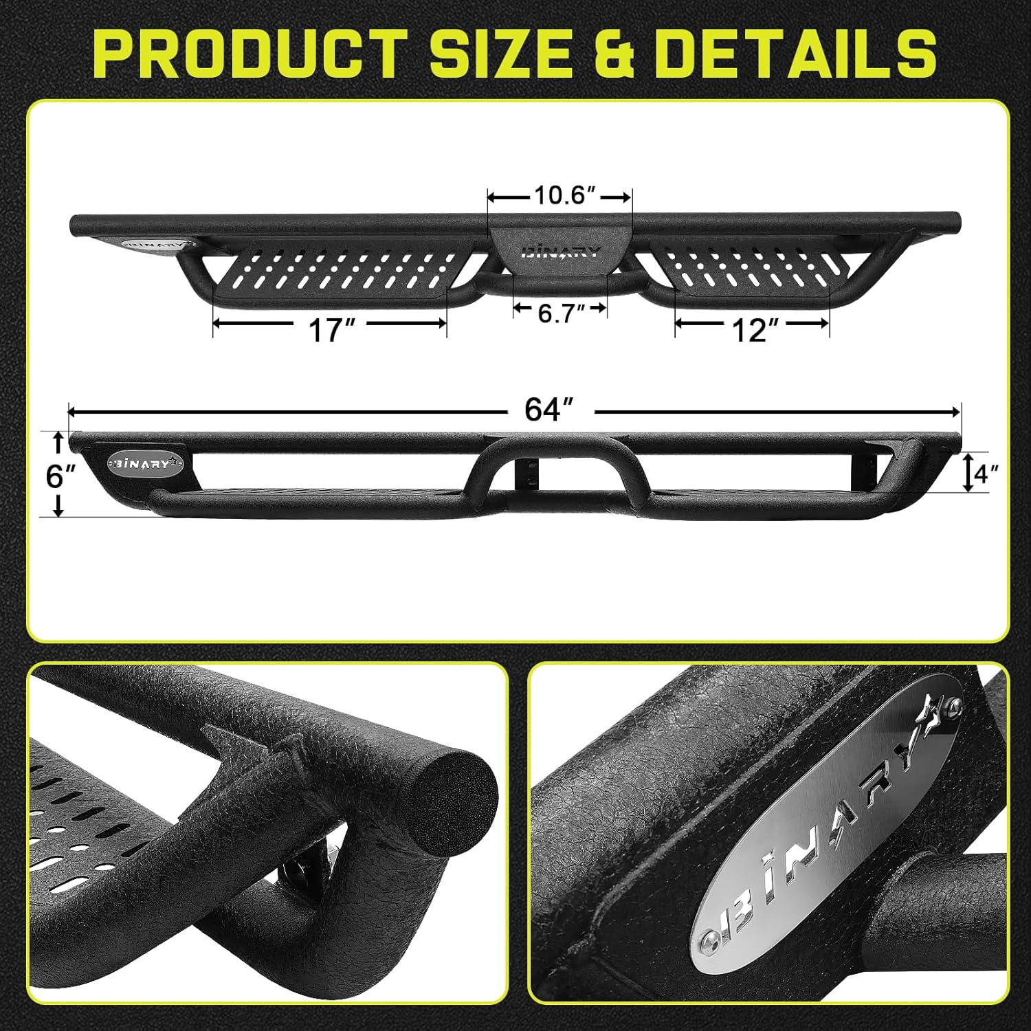 The total length of the footrest is 64 inches, and the width is 6 inches.The small footrest in the middle is 6 inches wide.