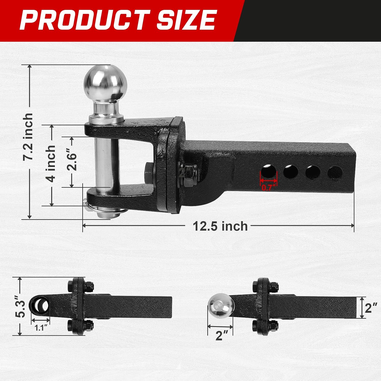 No special tools or professional skills required—just align the holes, secure the lock pin, and you're ready to tow with the 2 inch ball hitch. Designed with 4 holes for adjustable hitch, can be adjusted to the best position.