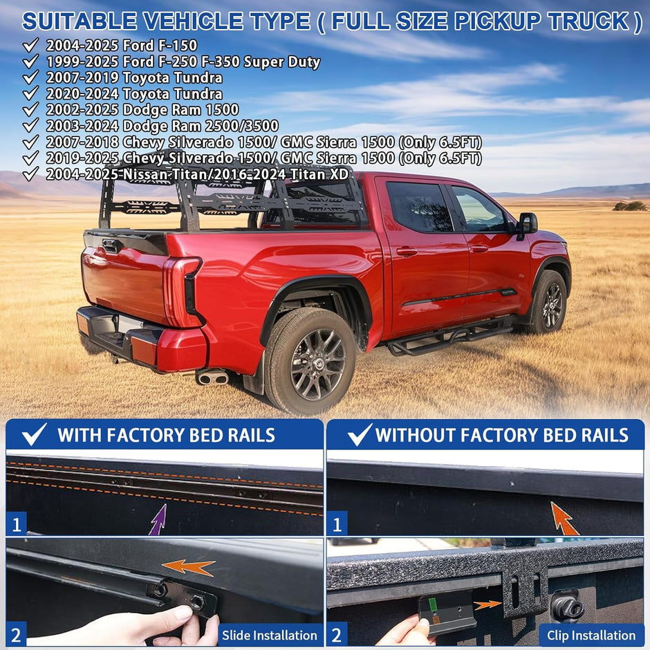 Truck bed rack compatible with 2004-2025 Ford F-150/2009-2025 Dodge Ram/2004-2025 Nissan Titan/2016-2025 NissanTitan Xd/2014-2025 Silverado 1500/Sierra 1500（Only 6.5FT）/2007-2024 Toyota Tundra, for trucks (This bed rack will not work with a tonneau cover）