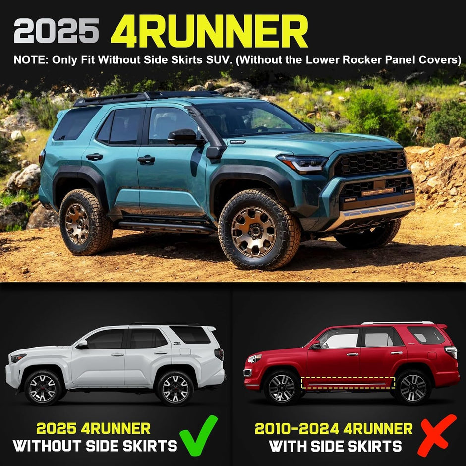 FITMENT: Truck Running boards compatible with 2025 2026 Toyota 4Runner(without side skirts). Does not compatible with 2010-2024 Toyota 4Runner.
