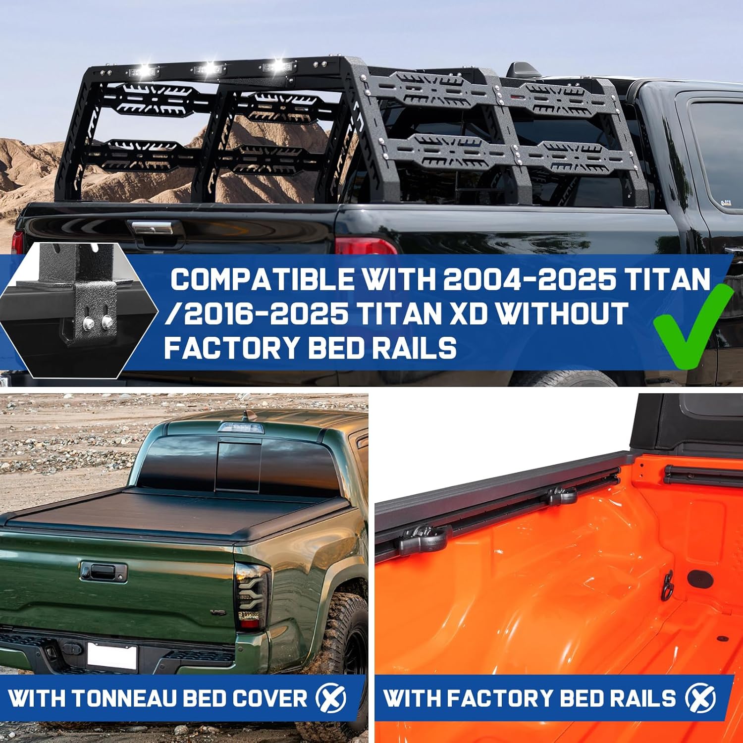 Truck bed rack compatible with 2004-2025 Nissan Titan/2016-2025 Nissan Titan XD, for trucks without factory bed rails. (This bed rack will not work with a tonneau cover)