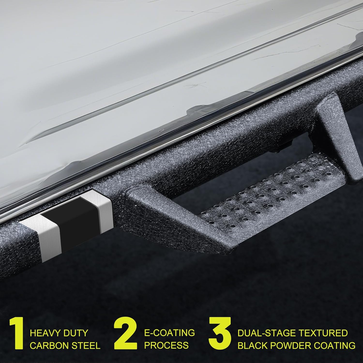 Rock Rails Design - BINARY STAR Bronco running boards feature the same design as the stock rock rails for a snug fit. BINARY STAR rock rails design running boards protect the sides and chassis while allowing for easy passenger access.