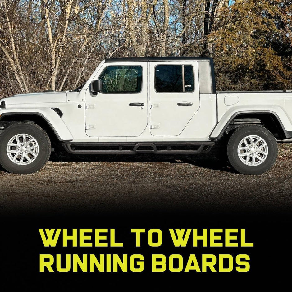 The extended length extends from the rear of the front wheel through the truck cab to the front of the rear wheel, giving you an all-round boost from the different functional and positional layouts of the side steps. The Gladiator running board fits close to the body curves, making the body better protected from collisions.