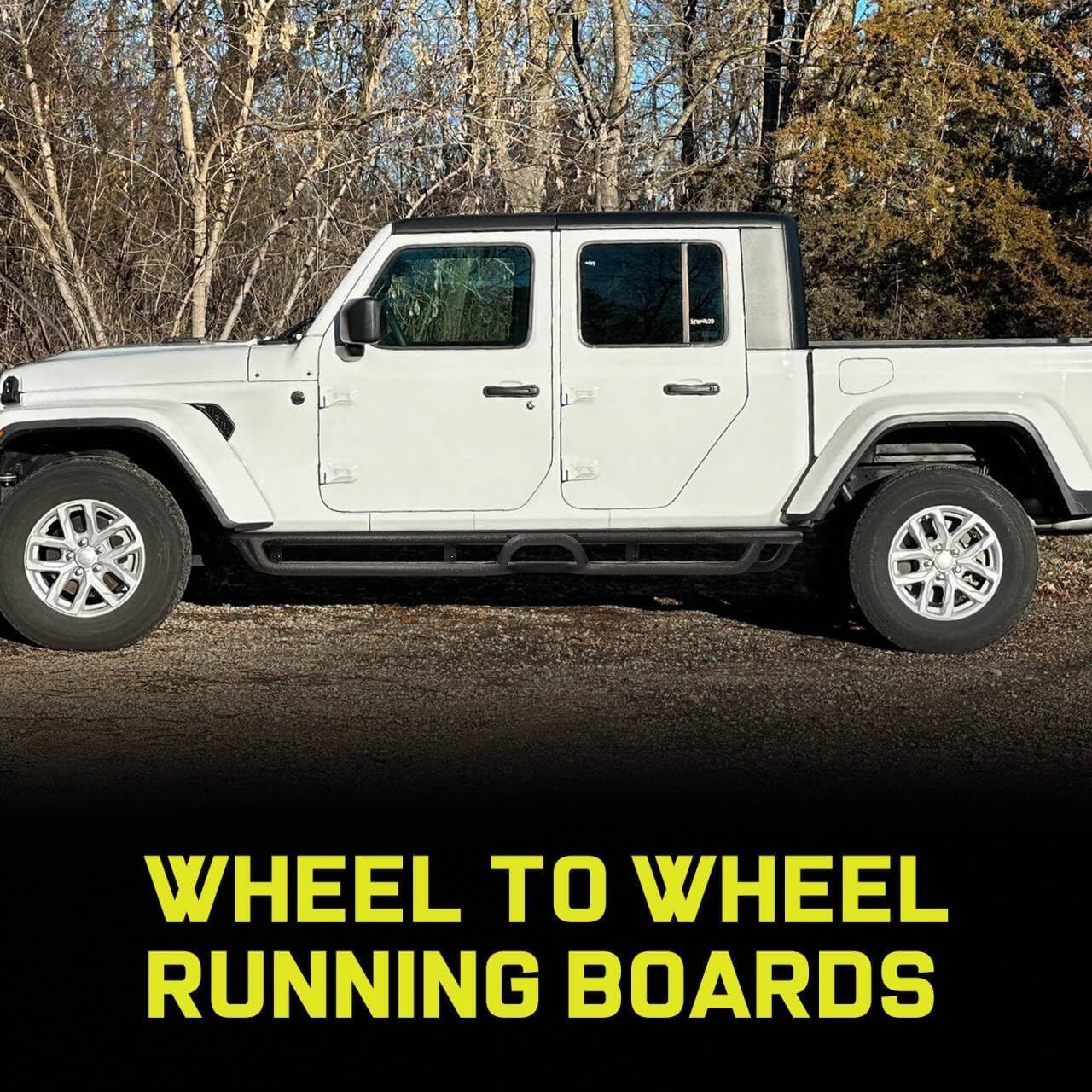 The extended length extends from the rear of the front wheel through the truck cab to the front of the rear wheel, giving you an all-round boost from the different functional and positional layouts of the side steps. The Gladiator running board fits close to the body curves, making the body better protected from collisions.