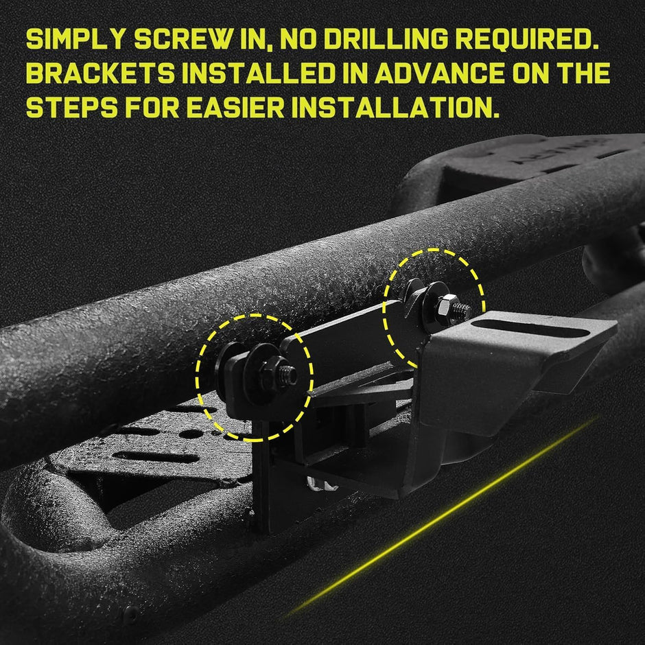 Detailed instructions are included and no special installation tools such as Pneumatic tools are required. Package includes two step bars, bracket and mounting parts. The brackets have been installed on the running board in advance to save more installation time.
